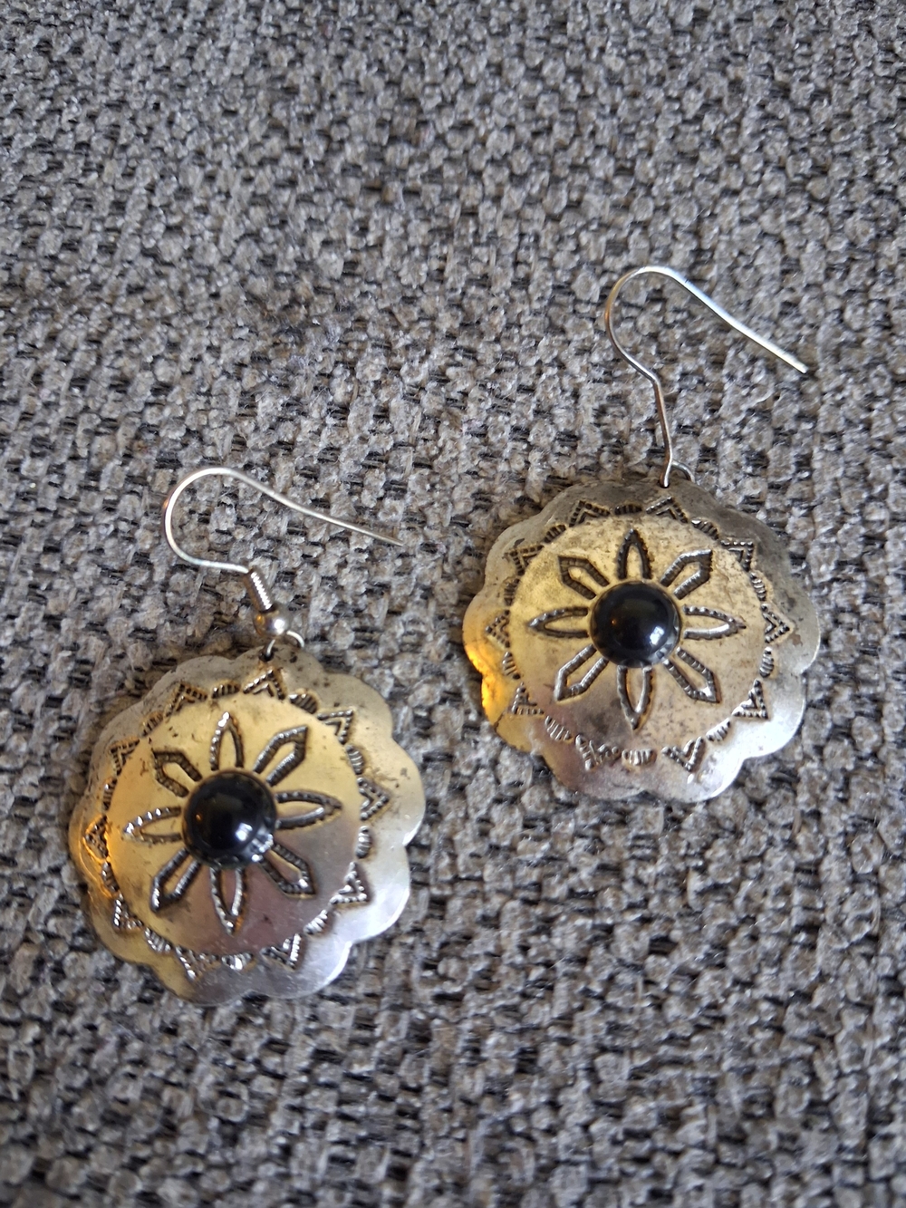 Vintage Silver Floral Concho Drop Earrings with Black Center